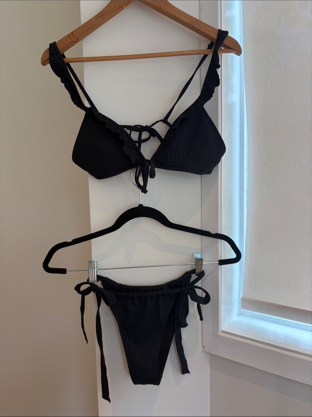 Black ruffle bikini with tie bottoms
